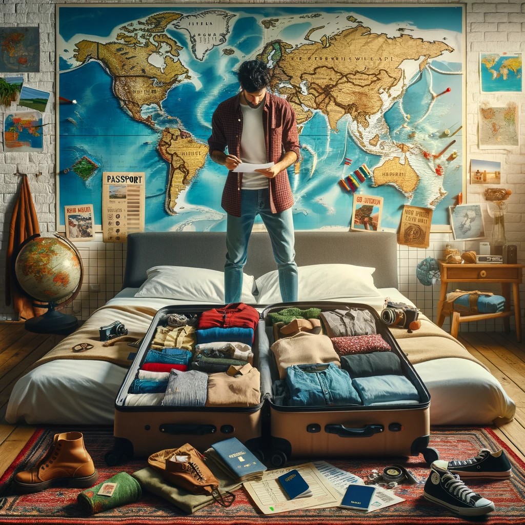 Planning a World Tour 1 Traveler in His Room Packing Up